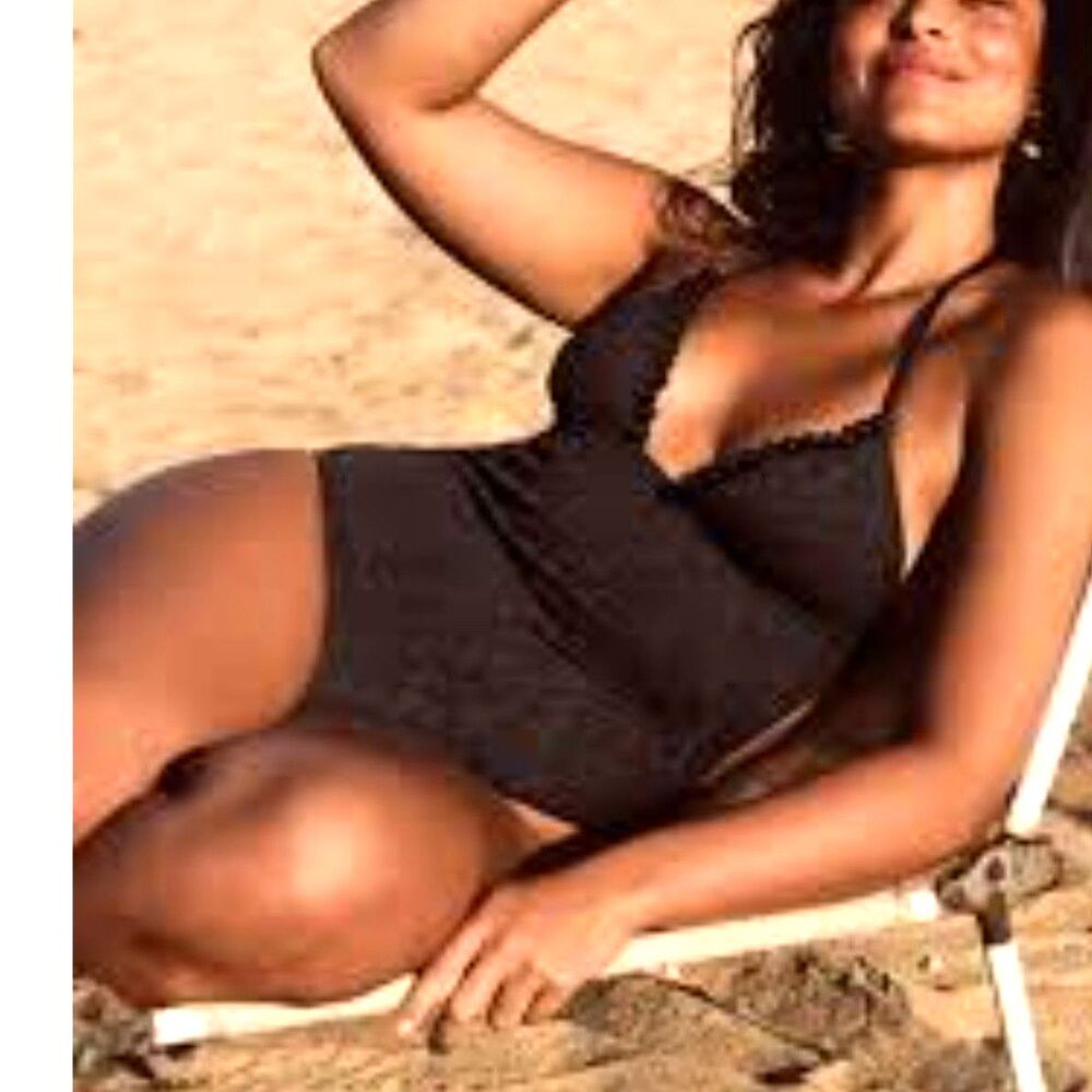J.CREW NWT Swimsuit sz18 Black Cloque One Piece Beaded Trim Tie Neck Open Back - Picture 3 of 15